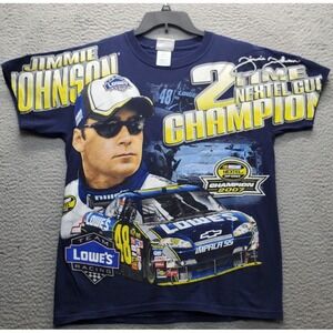 Vtg Jimmie Johnson #48 Nascar 2007 Nextel 2X Champion AOP Shirt Mens M Navy Blue